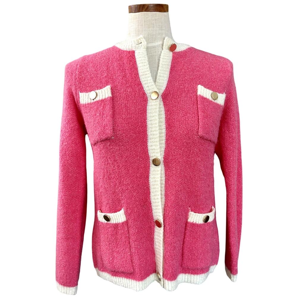 THML Pink Wool Blend Chanel Style Cardigan XS Gold Buttons Cream Trim 4 Pocket